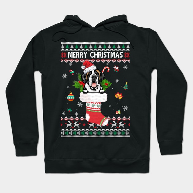 Merry Christmas Saint Bernard In Sock Dog Funny Ugly Xmas Hoodie by Marks Kayla